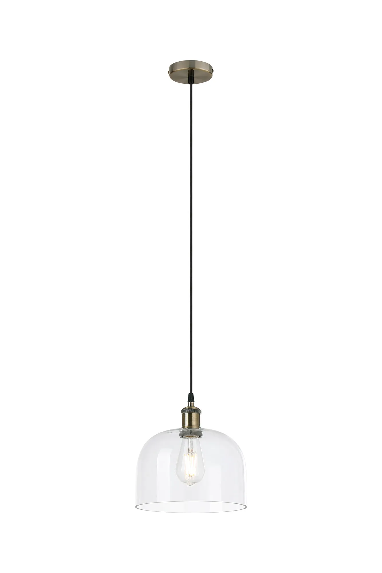 Cawdor Single Pendant, 1 Light E27, Antique Brass/Black/Clear Cloche Glass DK1138  Deco Cawdor
